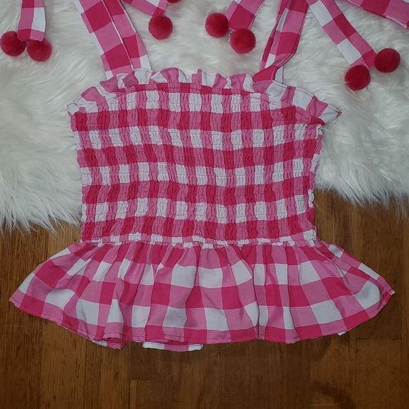 TCEC Smocked Pink and White Gingham Top With Pom Poms - Picture 3 of 10